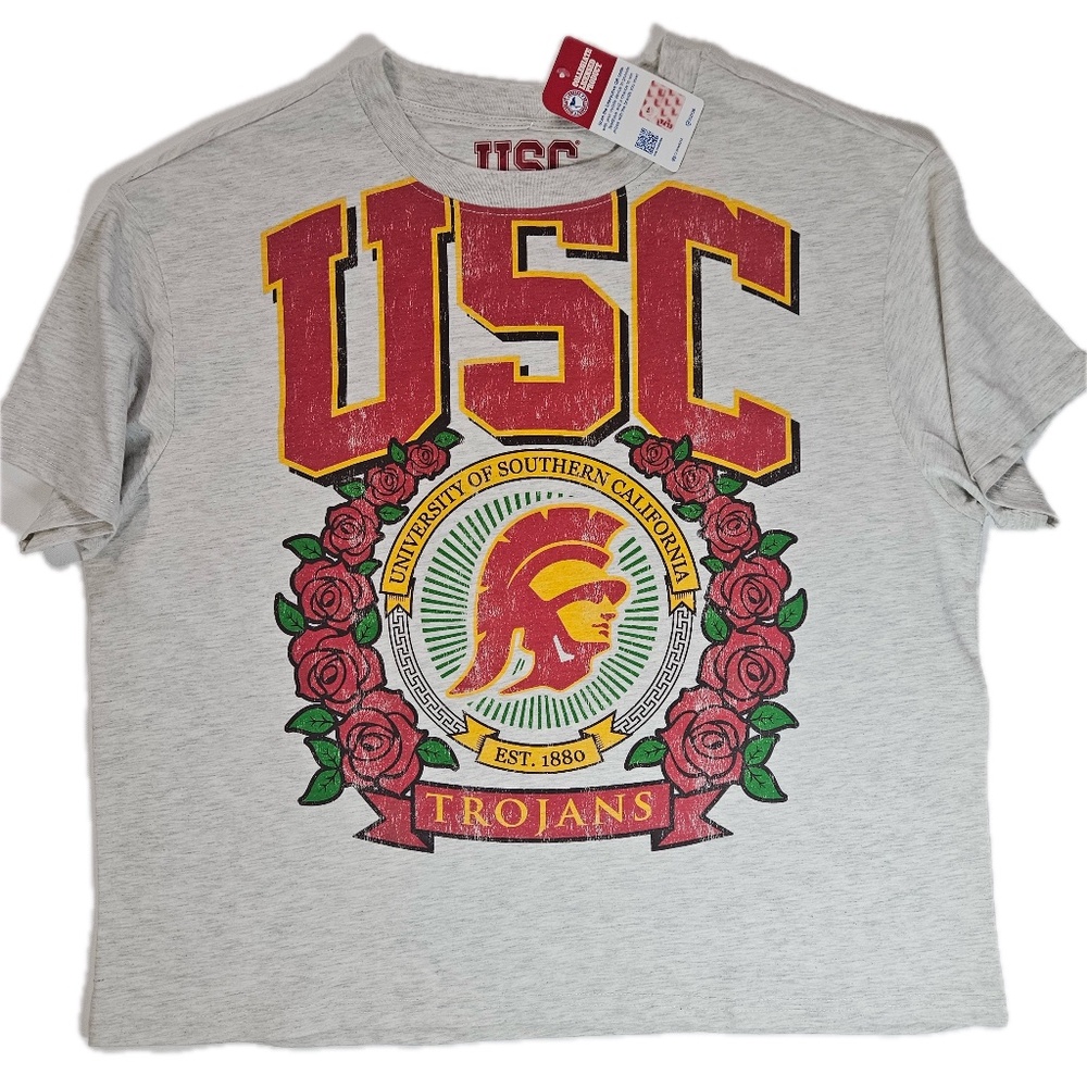 USC Trojans‎ Shirt Womens XL Gray NCAA College Cropped Raw Hem Graphic Tee